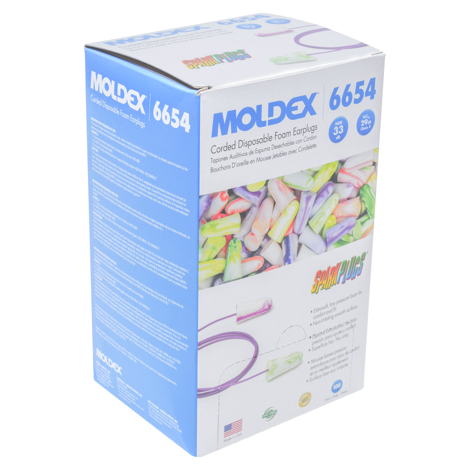 Moldex #6654 Sparkplugs Disposable Ear Plugs With Cord 100 Pair/box