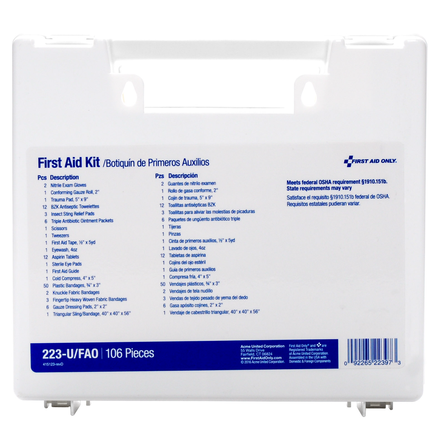 First Aid Kit FAO#223u 25 Person Plastic
