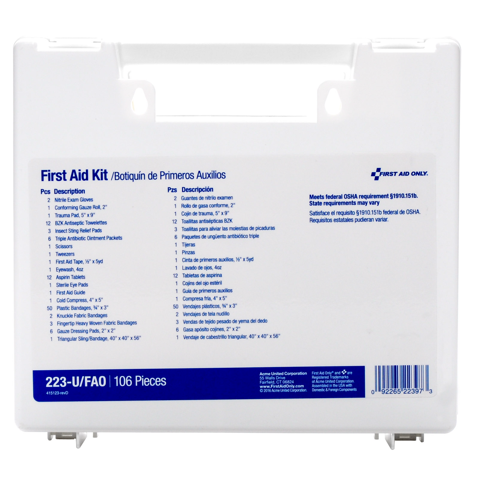 First Aid Kit FAO#223u 25 Person Plastic
