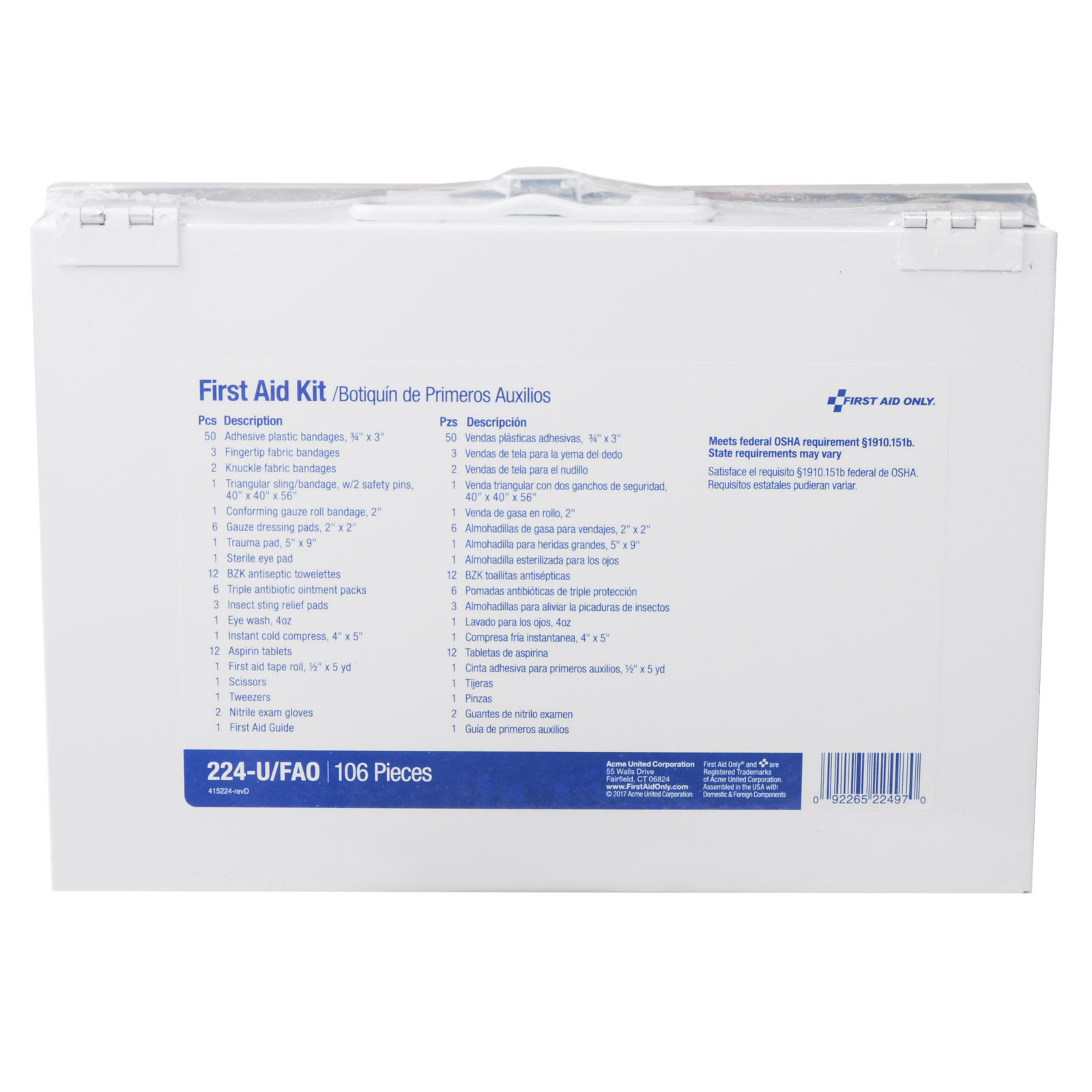 FAO #224-u Shop Office First Aid Kit 25 Person Metal Kit