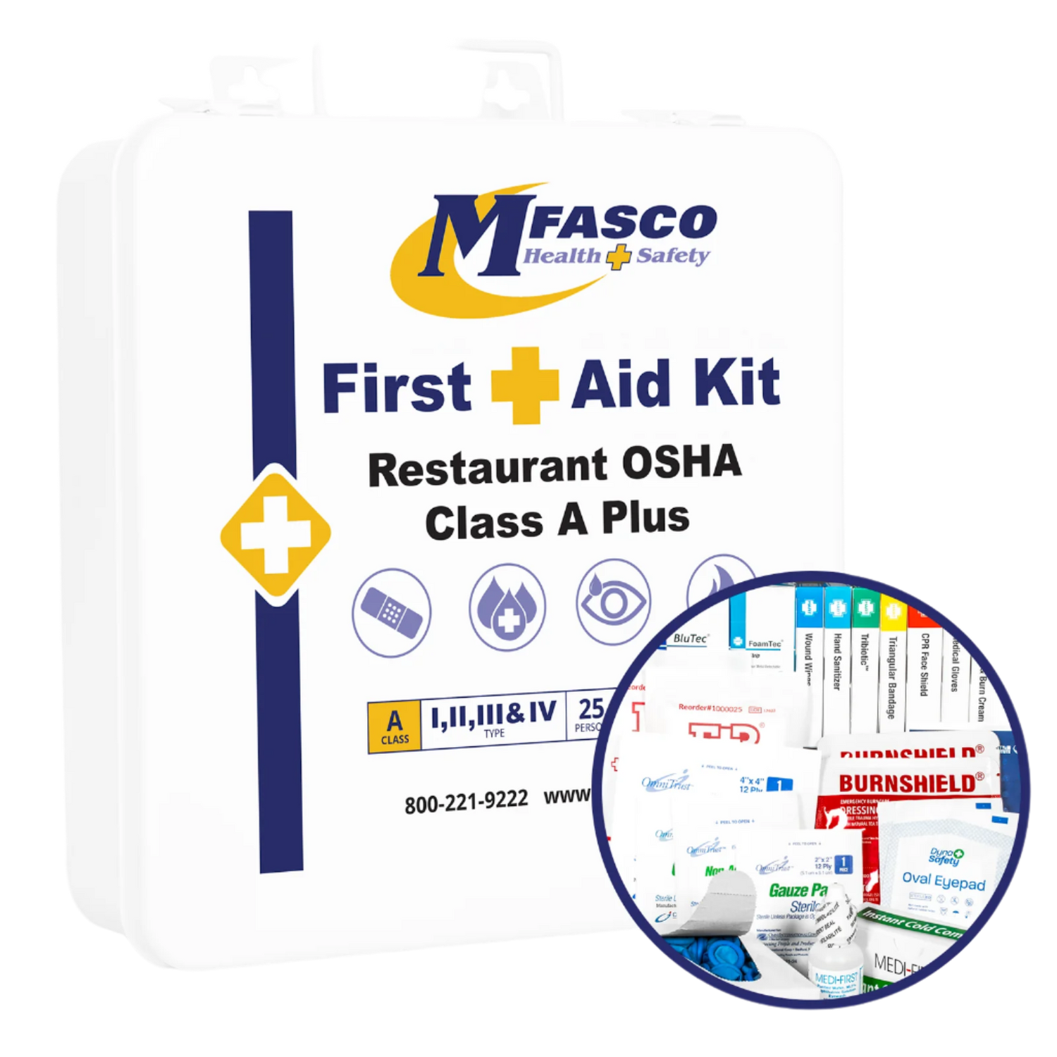 MFASCO Health & Safety first aid kit for restaurants with OSHA Class A Plus certification on a white background.
