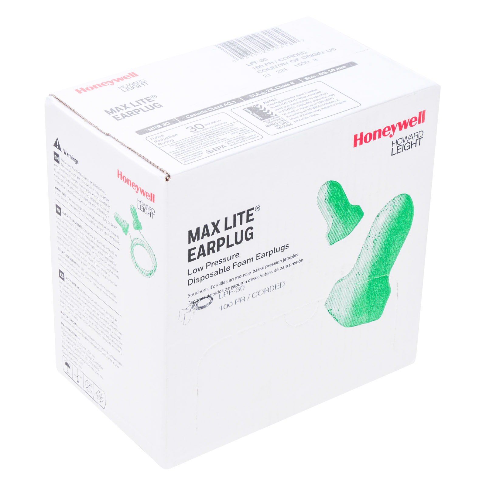Max Lite Green Earplugs  With Cord 100 Pair/box
