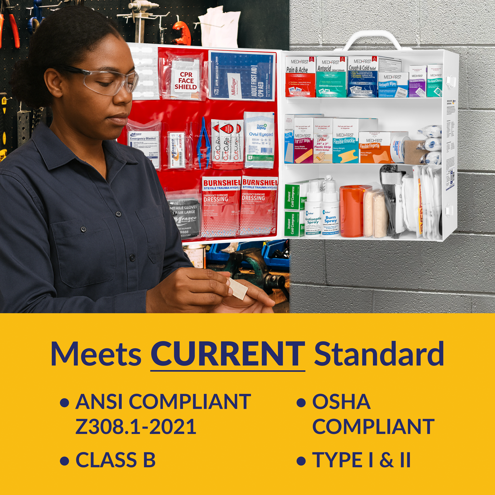 3 Shelf Metal Workplace First Aid Kit Osha Class B With Medications