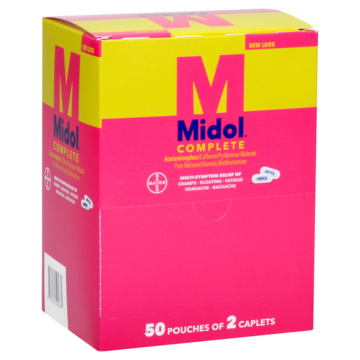 Midol Complete Maximum Strength Multi-Symptom Relief Caplets, Dispenser Box 50 pouches × 2 caplets product package