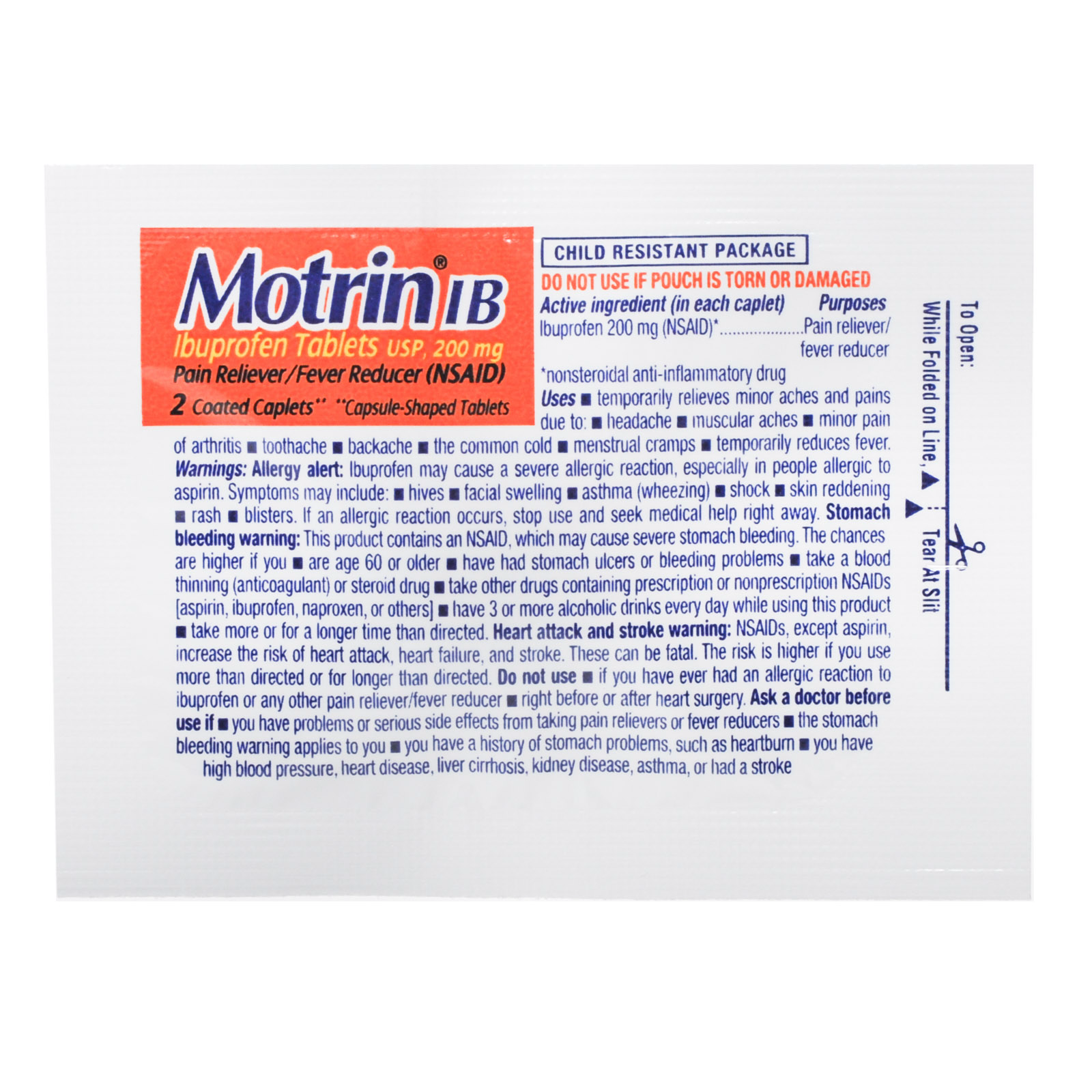 Motrin Ib Ibuprofen Pain Relief Caplets Industrial Packets 50x2