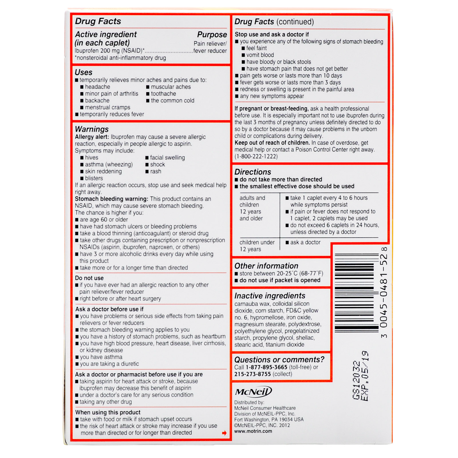 Motrin Ib Ibuprofen Pain Relief Caplets Industrial Packets 50x2